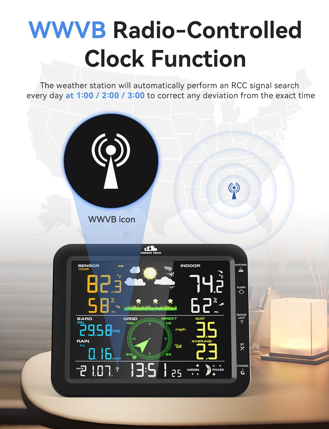 AIRAIN TECH 10-in-1 Wireless Weather Station with Outdoor Wireless Sensor,Radio Controlled Clock,Rain Gauge,Wind Speed/Direction,Moon Phase, Barometer,Temperature/Humidity,Weather Forecast (NO WiFi)