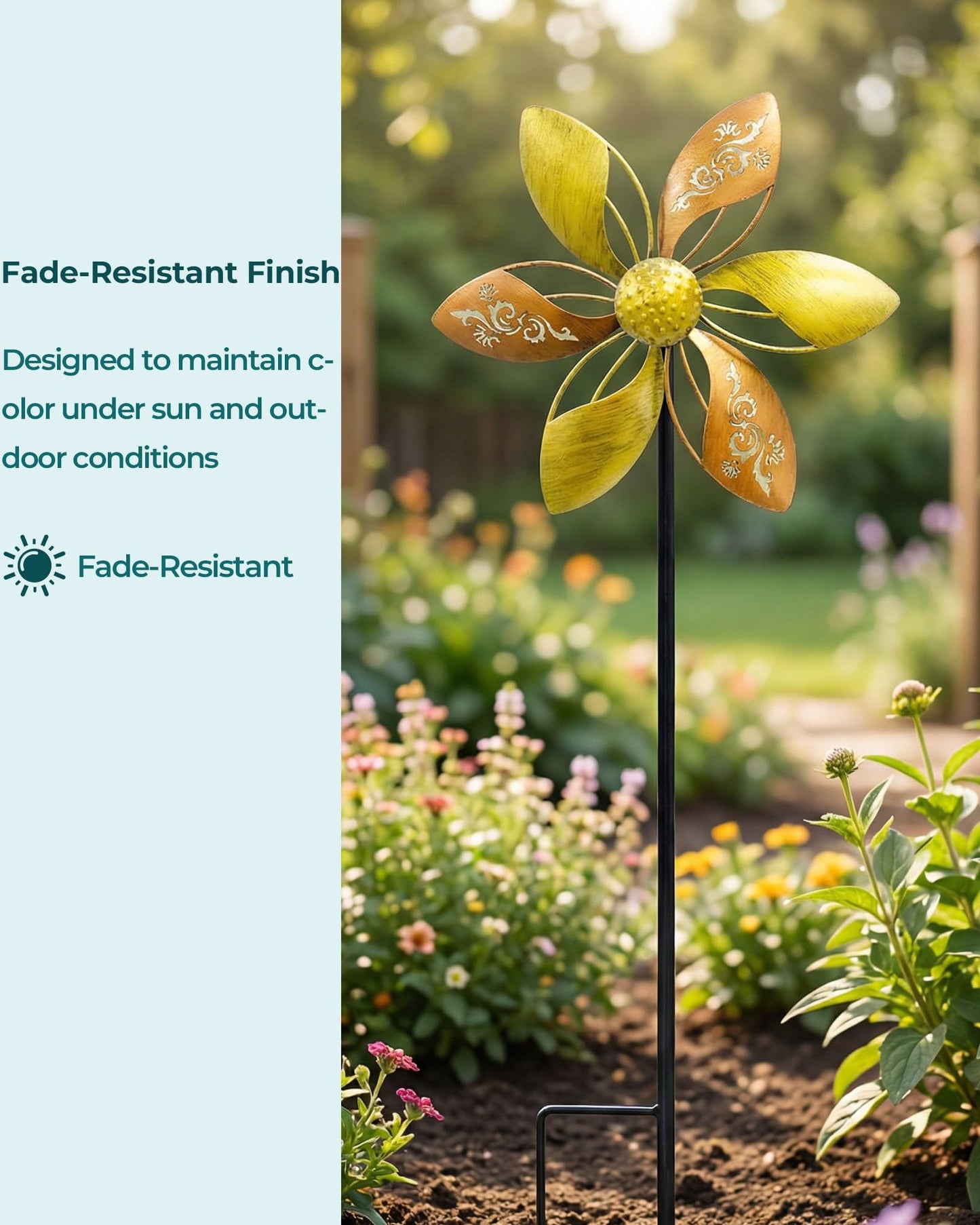 Gronhof 37" Metal Wind Spinner for Yard & Garden, 10" Kinetic Outdoor Garden Spinner, Rust-Resistant Decorative Yard Art (Gold Ornate Laser-Cut Floral)