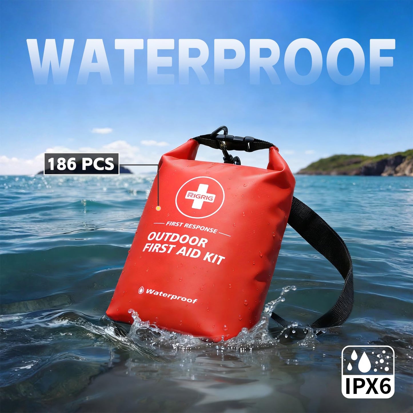 RIGRIG Waterproof First Aid Kit 186 Pcs Survival Gear, Portable Small Boat Dry Bag Bug Out Bags, Emergencies Medical Kit Ideal for Boating, Fishing, Hiking, Camping, Kayaking (Red)
