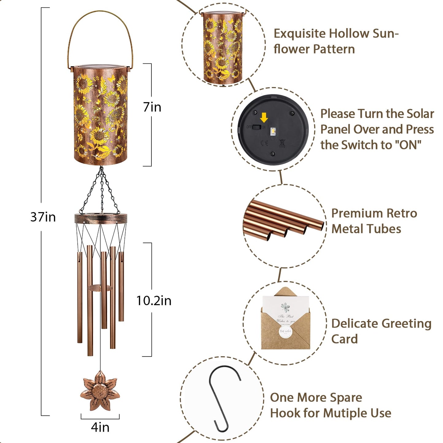 YHmall Solar Wind Chimes for Outside, 35'' Sunflower Gifts for Women Mom Grandma Windchimes Outdoors, Solar Lantern Memorial Wind Chimes Teacher Appreciation Unique for Garden Decor