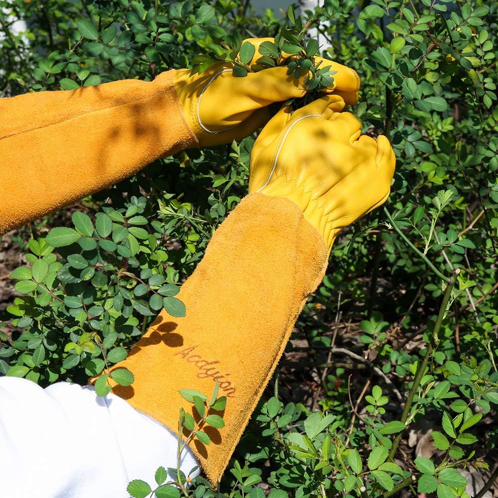 Acdyion Thorn Proof Gardening Gloves for Men & Women, Long Cowhide Leather Rose Pruning Gloves with Forearm Protection, Puncture Resistant Gauntlets for Cacti, Blackberries & Yard Work(yellow,Large)