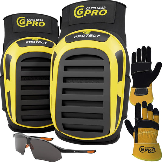 CARIB GEAR PRO USA Work Knee Pads for Men and Women Heavy Duty Double Gel Construction Knee Pads with Anti Slip Straps for Flooring Tiling Gardening Includes Leather Gloves and Safety Glasses