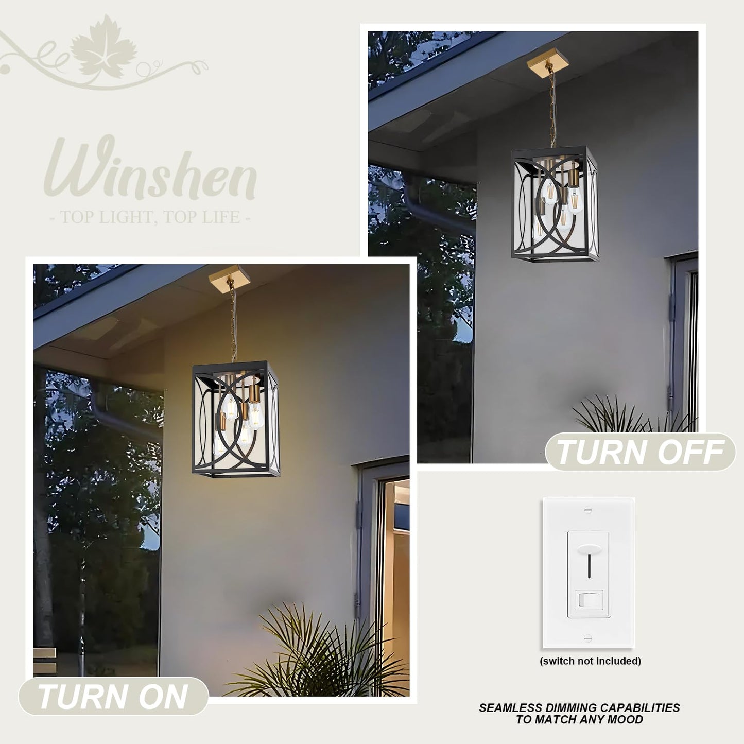 WINSHEN 4-Lights Large Outdoor Pendant Light Fixture, E26 Bulb Base Porch Hanging Lighting in Black & Brushed Brass, Modern Exterior Lantern Chandelier Ceiling Mount for Patio Front Door