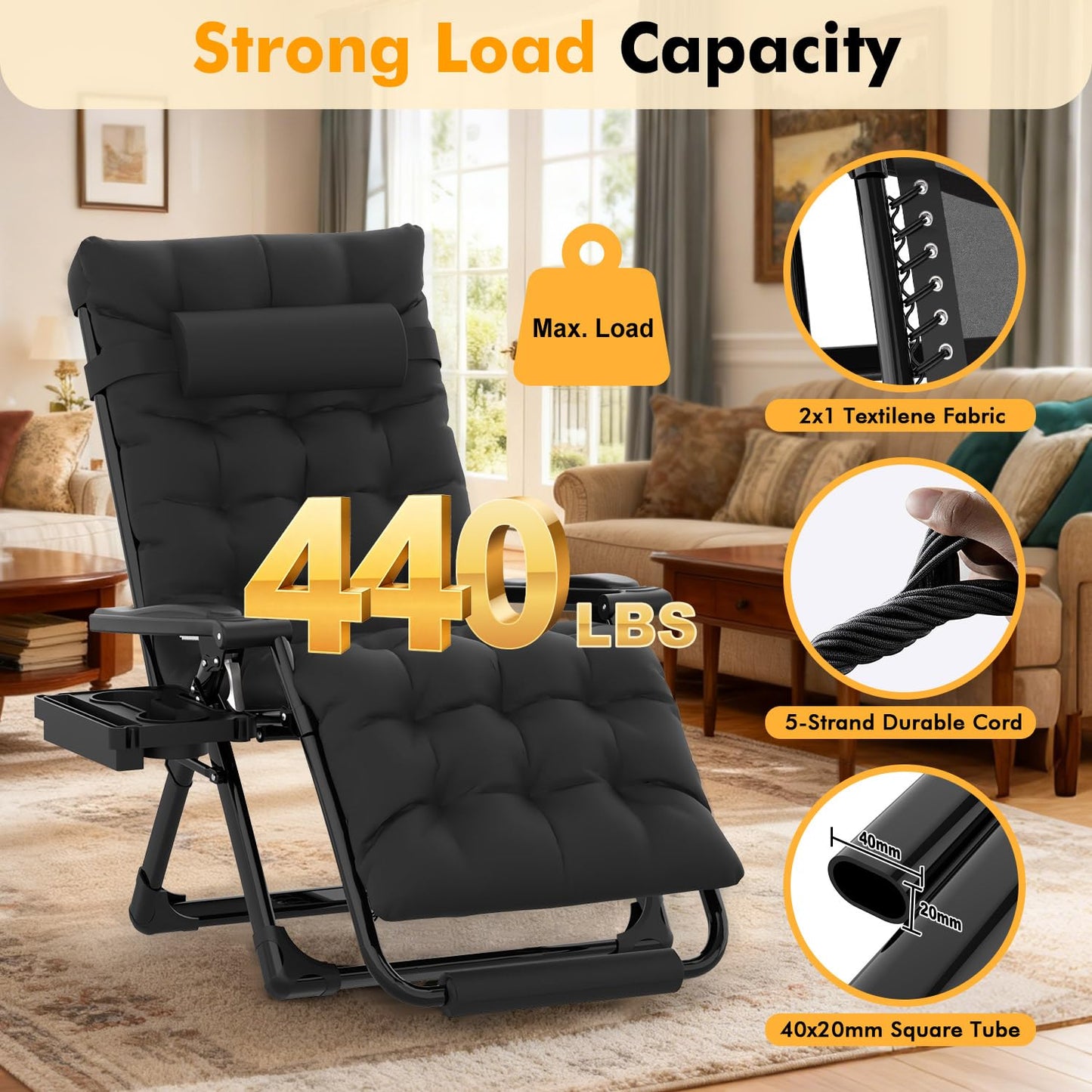 Slendor Oversized Zero Gravity Chairs XL, Padded Anti Gravity Chair, 29in Zero Gravity Lounge Chair, Folding Reclining Chair w/Aluminum Alloy Lock, Headrest, Cup Holder, Support 440lbs, Black