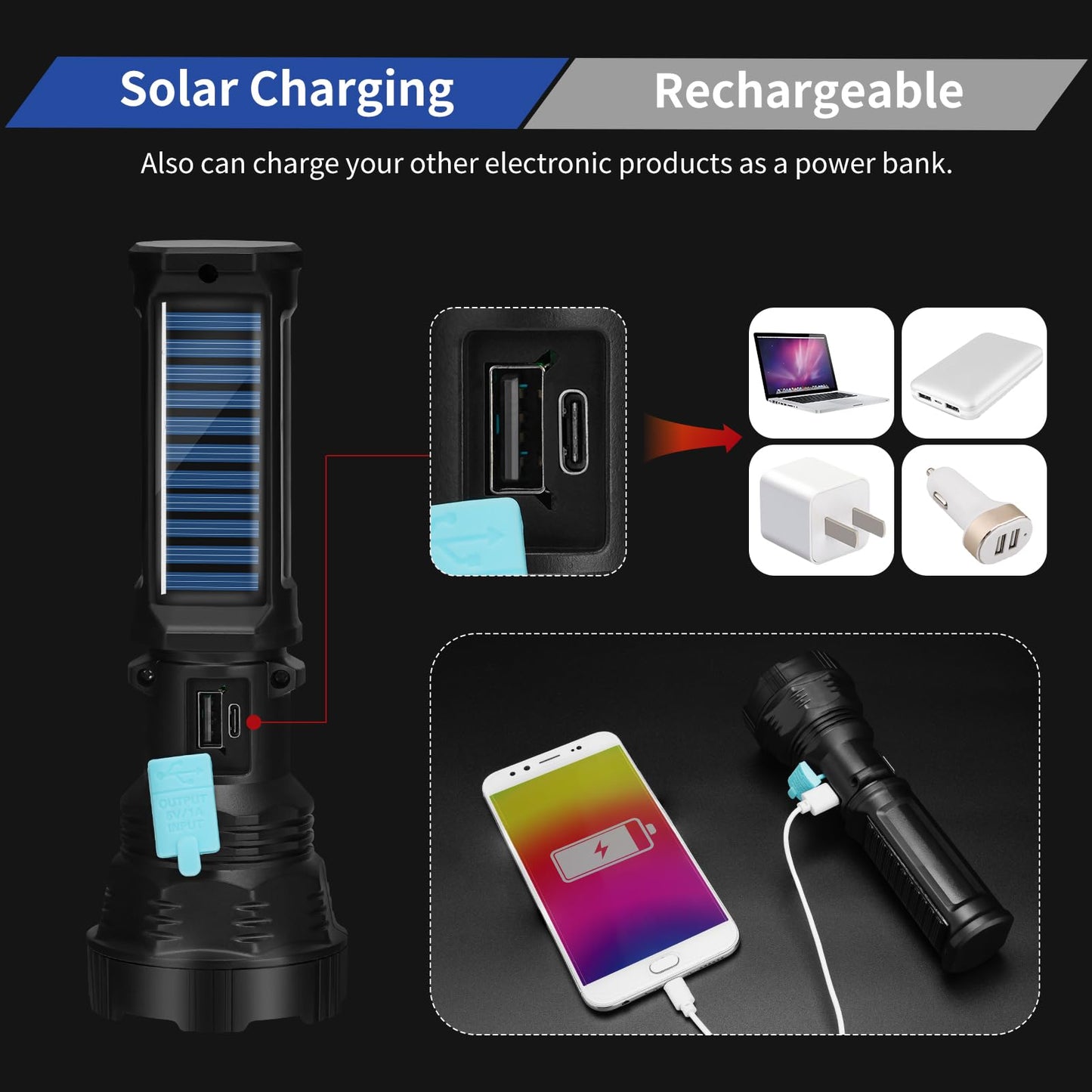 VOETIR Led Solar Flashlight, 1500 Lumens Led Solar Handheld Rechargeable Flashlights with IP65 Waterproof, 2000mAh Battery for Survival Emergencies Camping (2 Packs)
