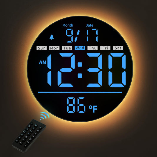 HAITANG Digital Wall Clock, 8'' Round Digital Clock with Large Display, 11RGB Colors,Remote Control, Auto-Brightness,Temperature,DST,Night Light, Alarm, Count Down Timer for Classroom/Bedroom/Office