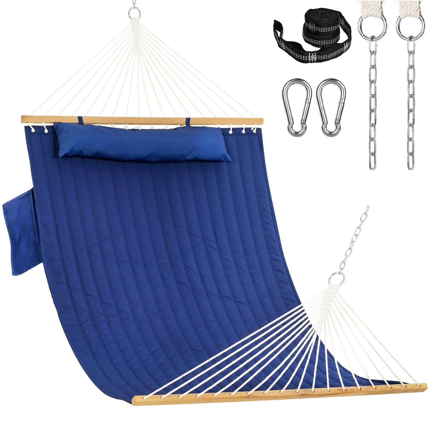 Lazy Daze Hammocks 2 Person Double Quilted Fabric Hammock with Spreader Bar, Detachable Pillow, Side Pocket, Carabiners, Chains, Straps for Outdoor, 450lbs Capacity, Navy Blue