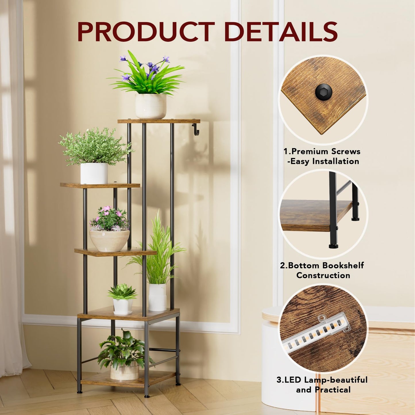 Homsorout Plant Stand Indoor with Grow Light - 5-Tier Metal Plant Shelf with Hanging Basket Hook, Corner Tall Flower Holder for Multiple Plants, Living Room Balcony Garden Patio, Rustic