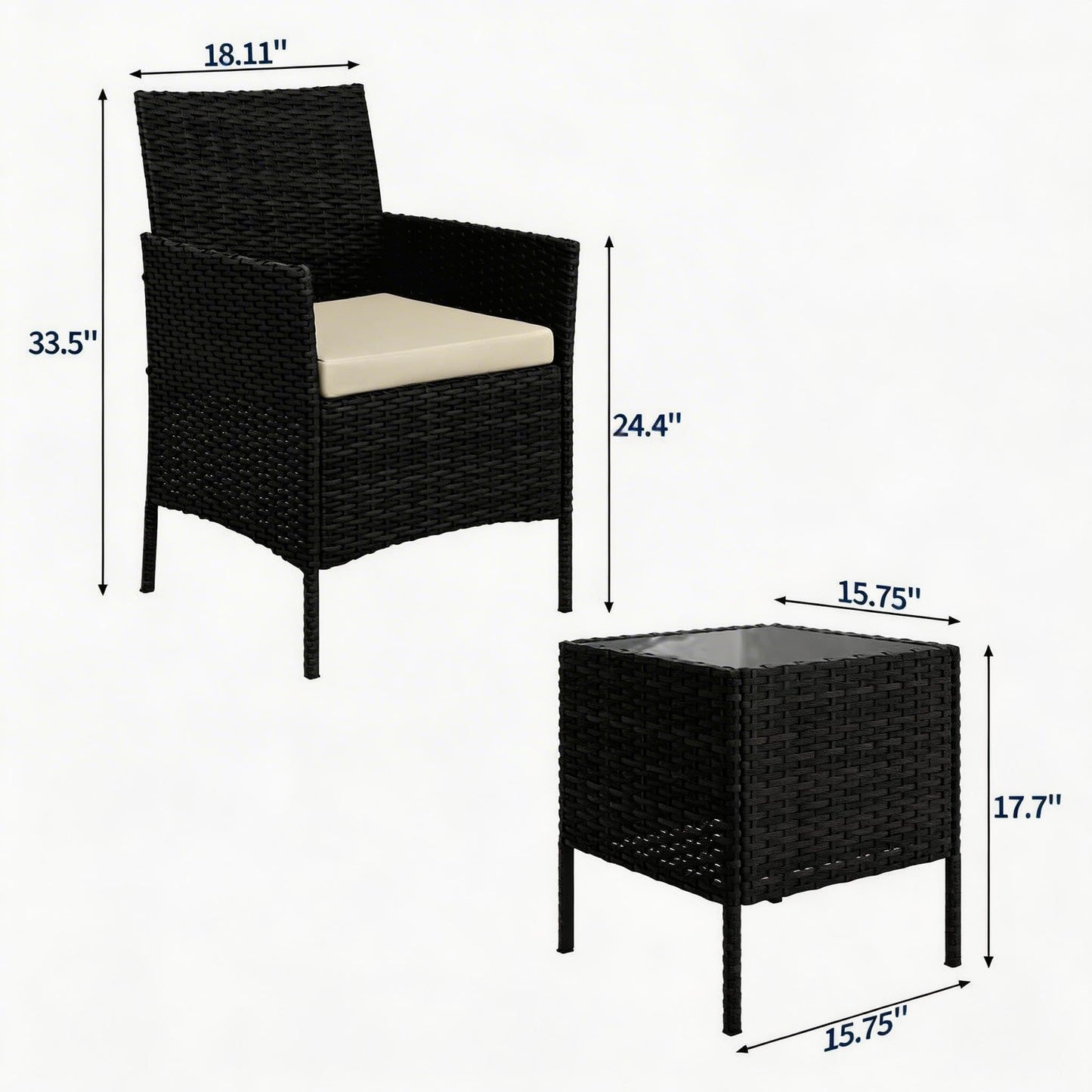 MilleLoom 3-Piece Outdoor Furniture Set, PE Rattan Wicker Chairs with Soft Cushions & Tempered Glass Coffee Table - All-Weather Patio Set for Garden, Backyard, Porch, Poolside (Black/Beige)