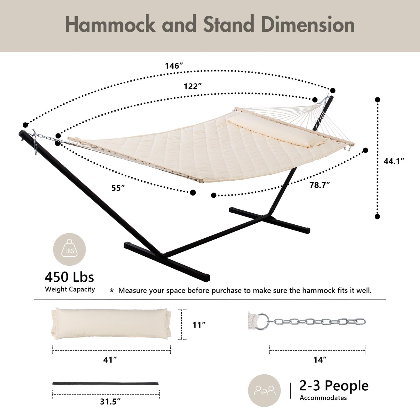 ANOW Outdoor Hammock with 12 Feet Heavy Duty Steel Stand, Two Person Hammock with Stand Included, 450 LBS Weight Capacity, Cream