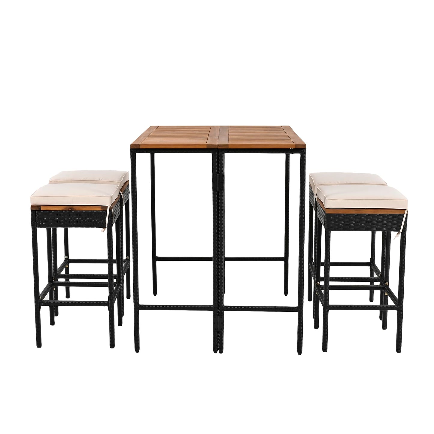 Merax 5-Piece Outdoor Bar Table and Chairs Set for 4, Acacia Wood PE Rattan Wicker Table and 4 Bar Height Stools with Cushions, Foldable Tabletop, Dining Bistro Set All-Weather Patio Furniture, Brown
