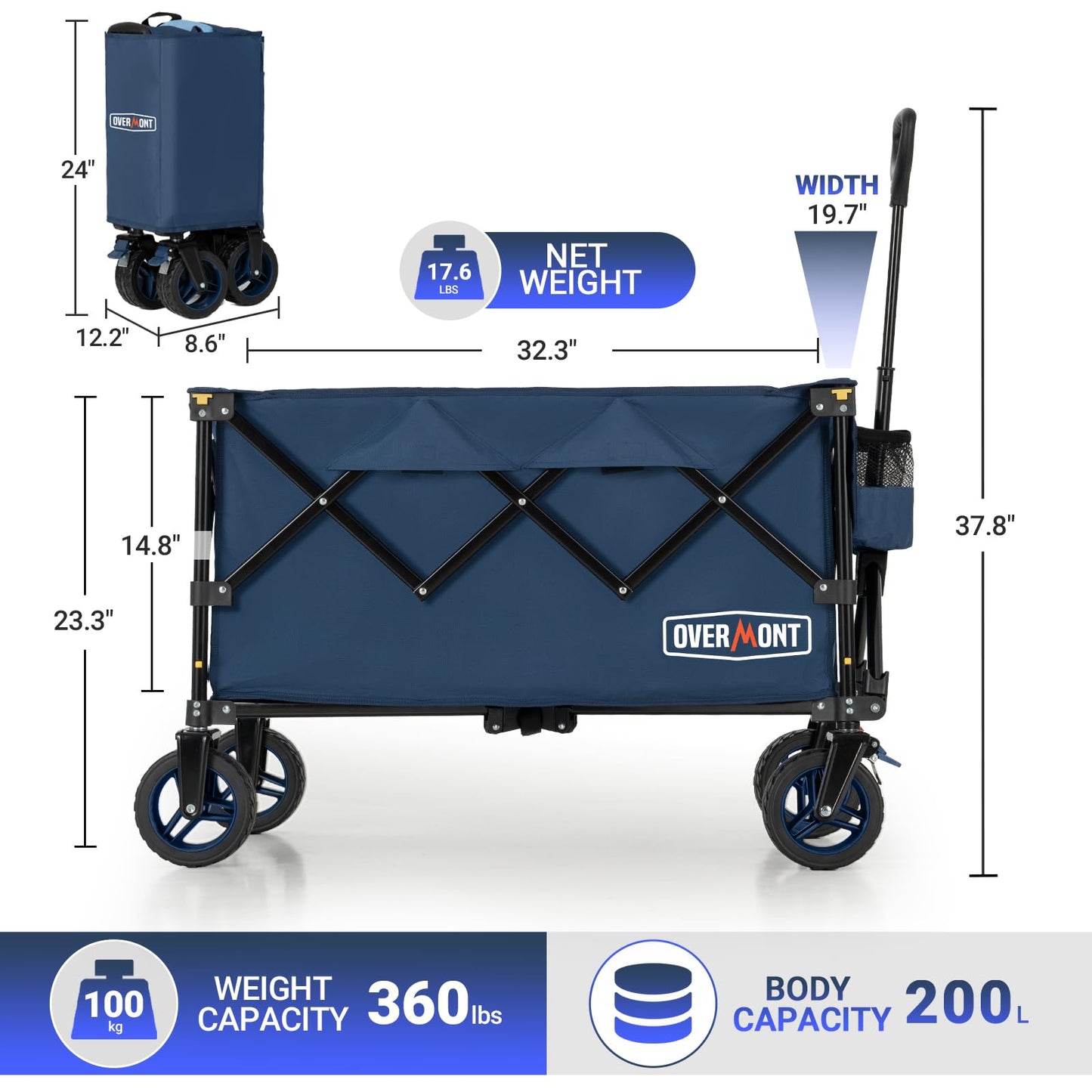 Overmont Ultra-Compact Collapsible Wagon Cart - 200L Portable Folding Wagon with All-Terrain Wheels Utility for Beach, Grocery Shopping, Camping, and Gardening – 360lbs Load Capacity Blue