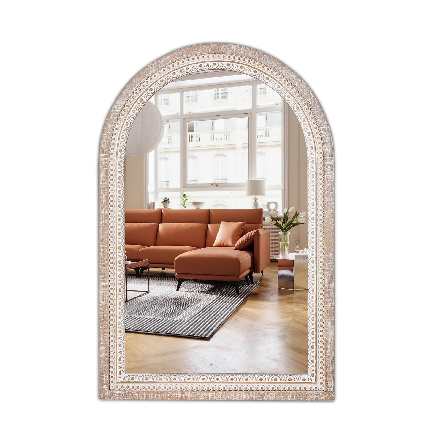36x24 Inch Rustic Farmhouse Arched Wall Mirror, Boho Distressed Wooden Frame Decorative Arch Mirror for Bathroom Over Sink, Living Room, Entryway, Foyer