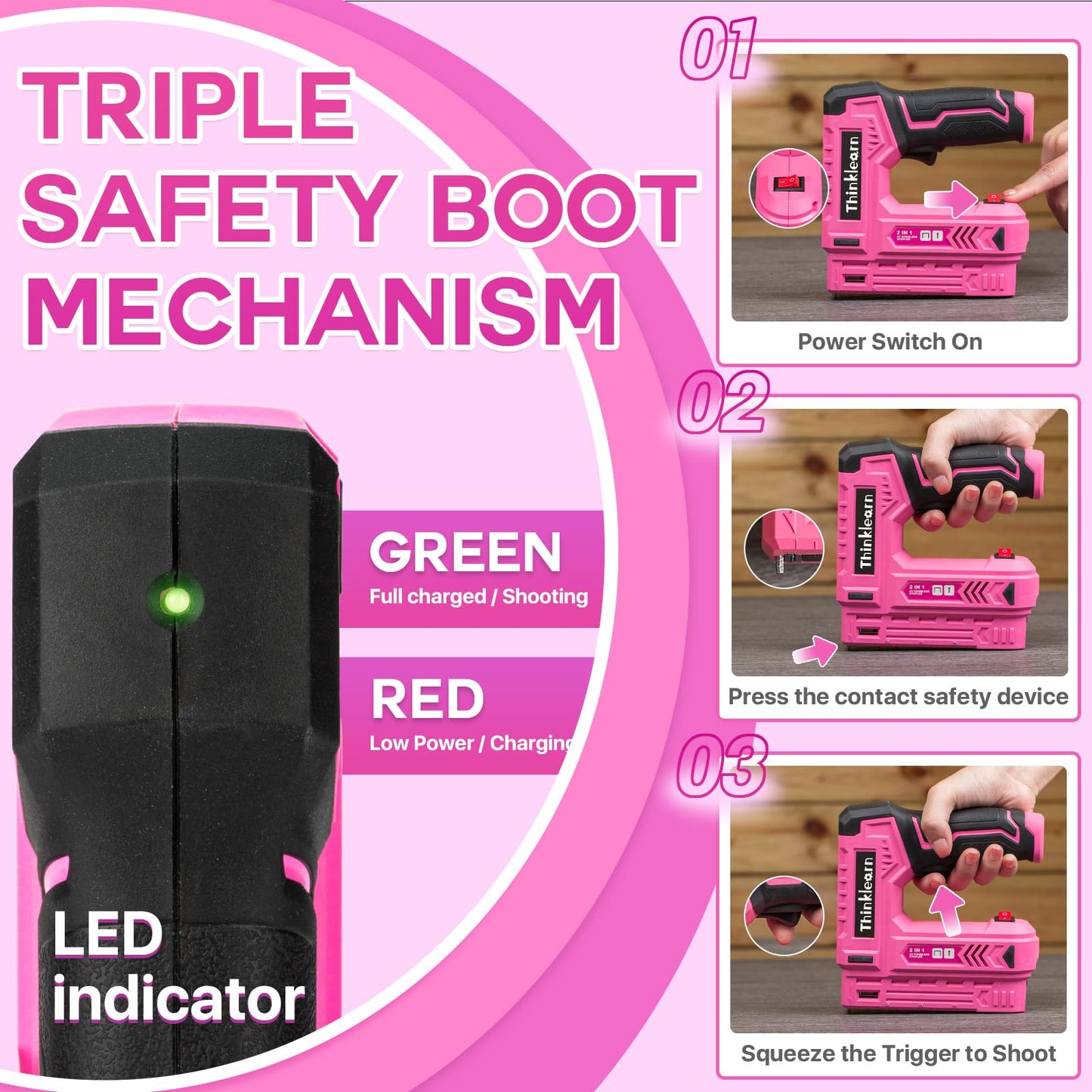 Pink Electric Staple Gun, 7PCS 2 in 1 Cordless Stapler Nail Gun Set with 3300pcs Staples Nails, 4V Brad Nailer Tacker for Upholstery, Wood, Carpentry, Crafts, DIY, Brad Nailer Kit with USB Charger