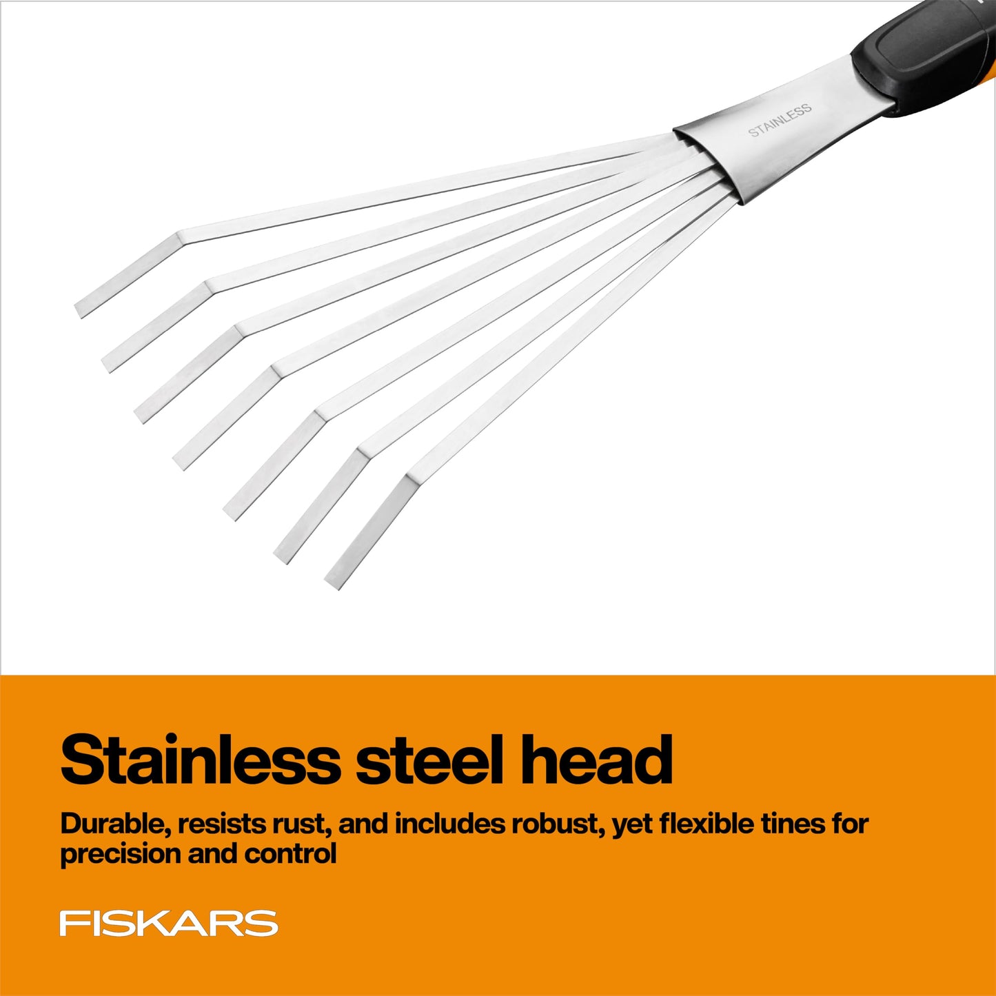 Fiskars Xact Hand Rake, Heavy Duty Gardening Hand Tool with Ergonomic Handle and Hanging Hole for Storage, Stainless Steel Head and Tines, Perfect for Maintaining a Raised Garden Bed
