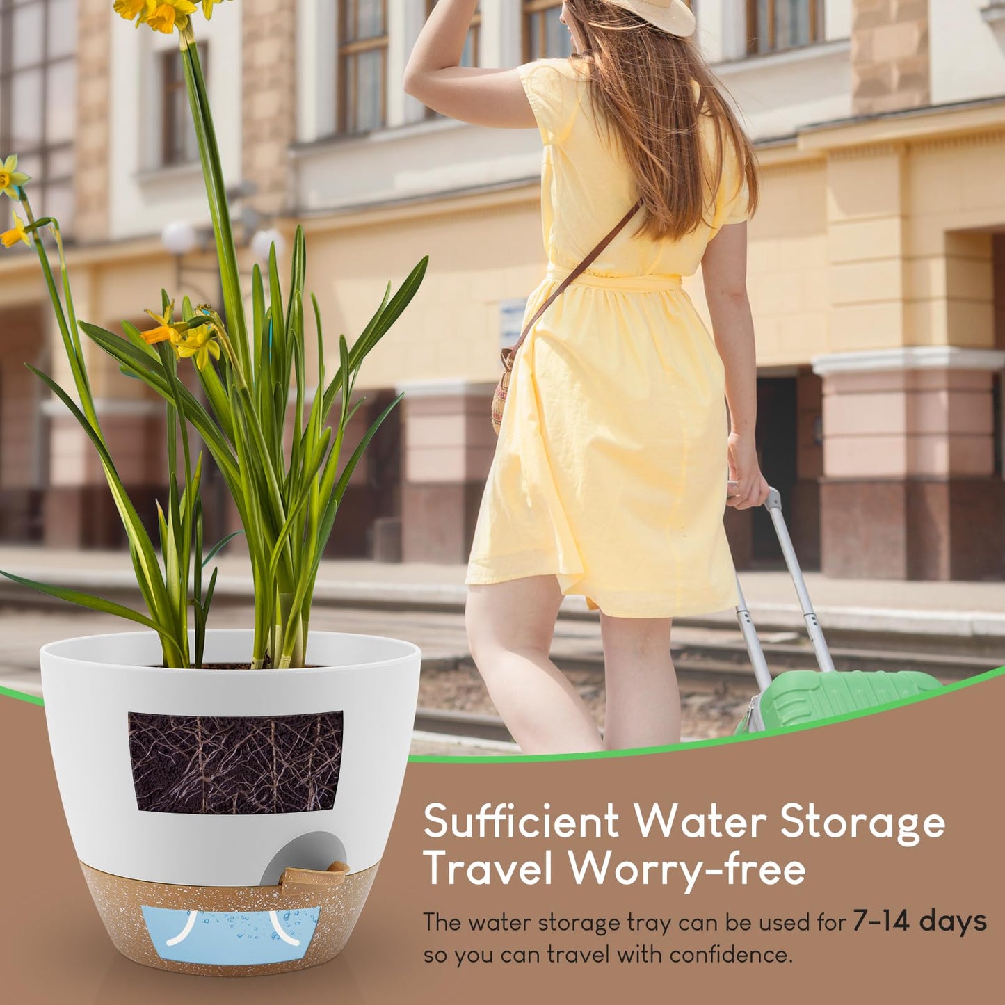 YNNICO Plant Pots 10/9/8/7.5/7 inch, Self Watering Planters with Drainage Holes & Saucers for Indoor and Outdoor Plants (White)