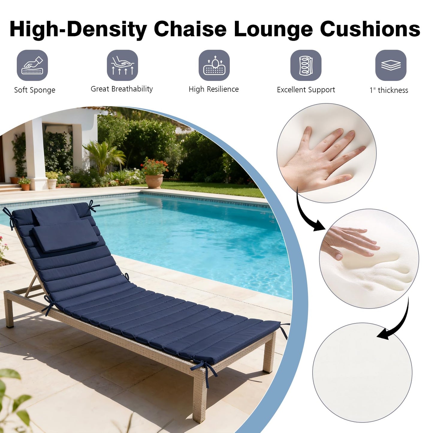 Minventiss Chaise Lounge Cushion Outdoor Set of 2，Patio Foldable Chaise Lounger Cushion，Foldable Waterproof Pool Lounge Chair Cushions with Straps, Lounger Cushions for Outdoor Furniture，71''Lx21''W