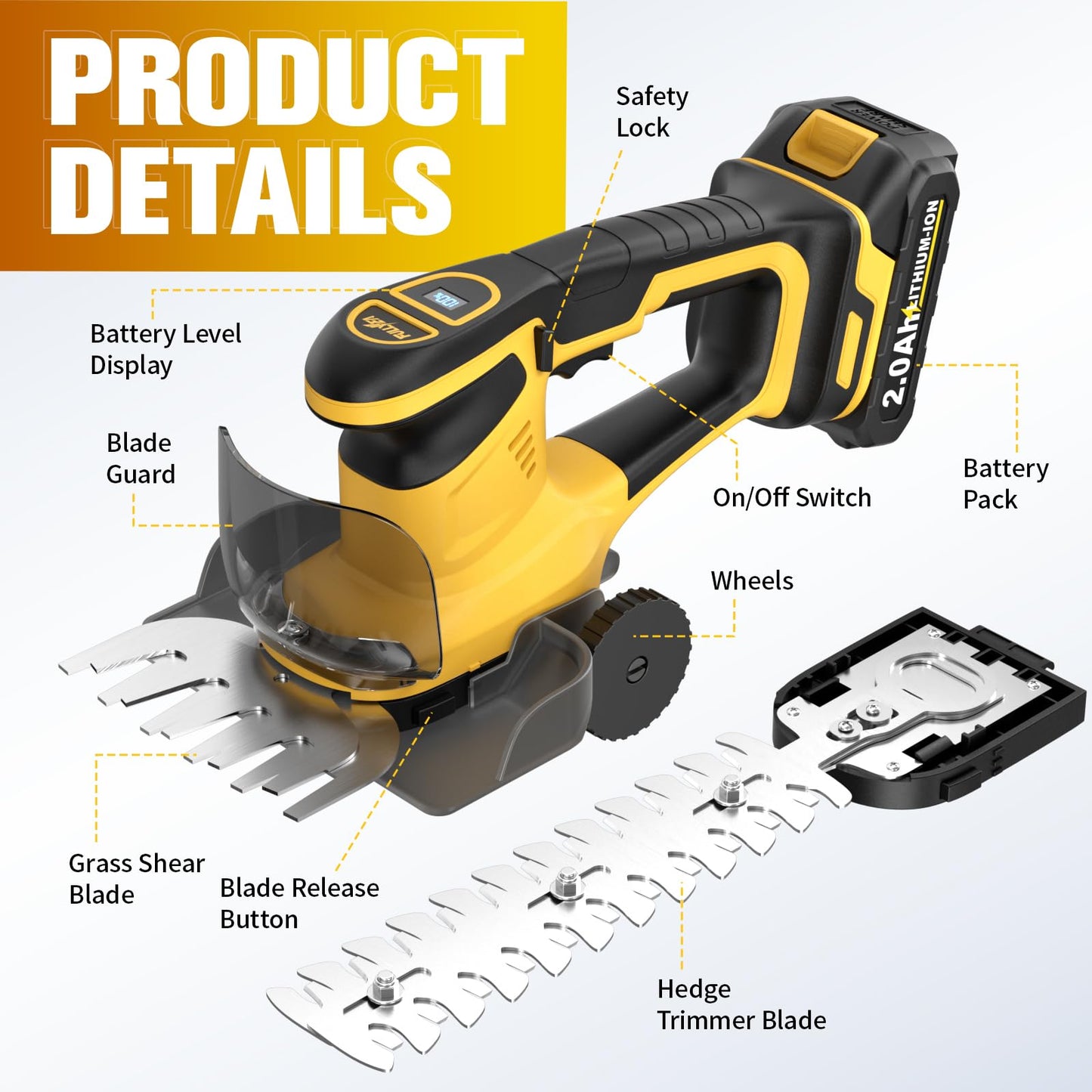 FULLYEA Cordless Hedge Trimmer, 2-in-1 Electric Shrub Trimmer & Grass Shear, Lightweight Bush Trimmer with 2 Blades & 2*2.0Ah Batteries, Handheld Grass Trimmer, Battery Powered Hedge Cutter (Yellow)