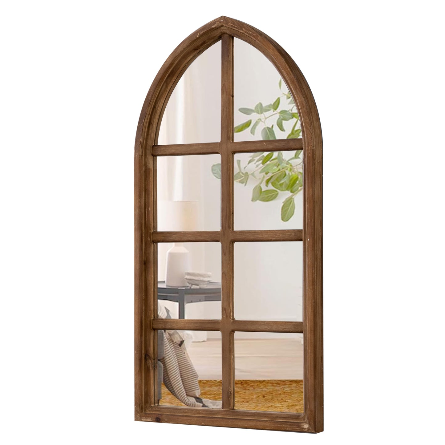 Sintosin Farmhouse Cathedral Window Pane Mirror Wall Decor 18 X 36 Inch, Hanging Distressed Wood Arched Window Mirror, Decorative Wall Mirrors for Living Room Bedroom Entryway