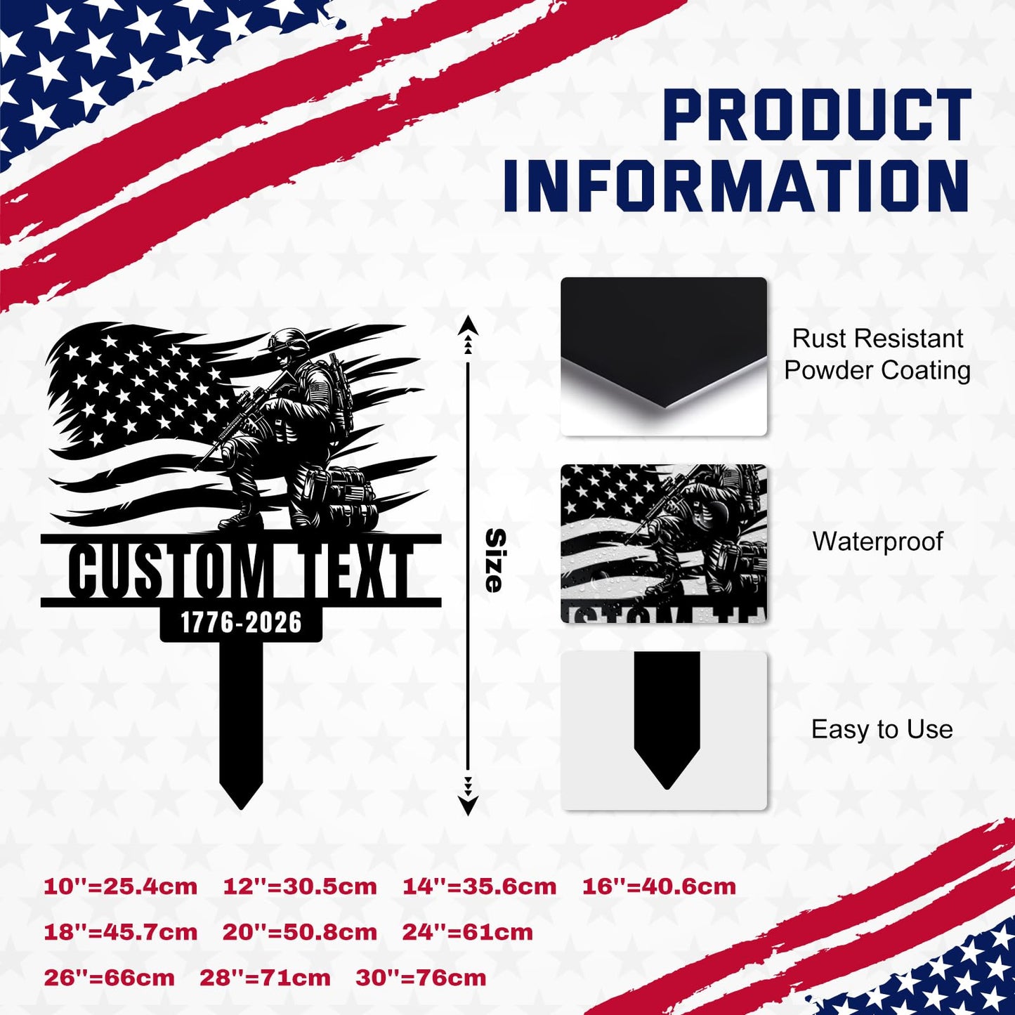 Bliver Personalized USA 250th Anniversary Metal Garden Stake Custom American Patriotic Yard Sign with Family Name Durable Weatherproof Decor for Lawn Memorial Display 10-28 Inch