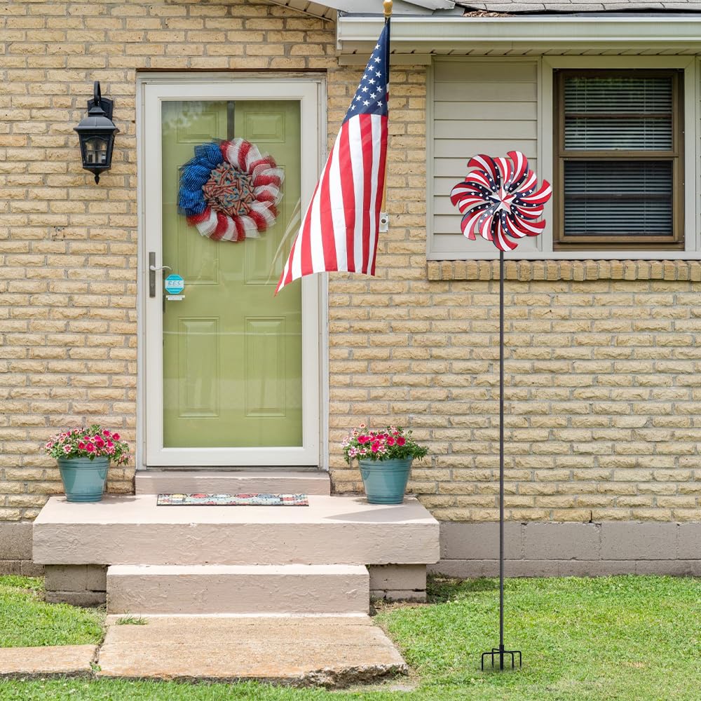 hogardeck 4th of July Wind Spinners Outdoor, Metal Wind Spinners with Stakes for Memorial Day Decorations, 360° Rotating Double Layers Windmill Yard Art for Outside Lawn Porch, Red White Blue