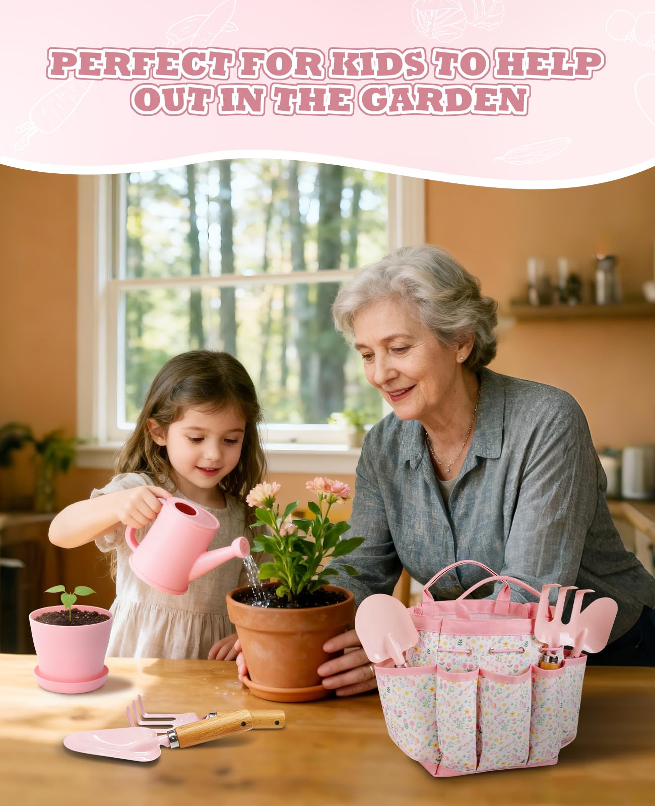 Kids Gardening Set, Gardening Tools Kit for Kids and Toddler, Includes Wooden Rake, Two Shovels, Gloves, Watering Can, Apron, and Tote Bag, Outdoor Toys for Girl Boy, Pink
