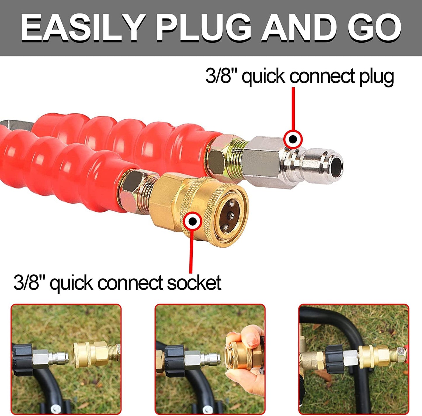 Heliwoo 3/8'' Pressure Washer Hose 50 FT, Hot and Cold Water Power Washer Hose Max 248°F, Commercial Industrial Grade Steel Wire Braided Kink Proof Extension Hose with 3/8 Quick Connect 4800 PSI