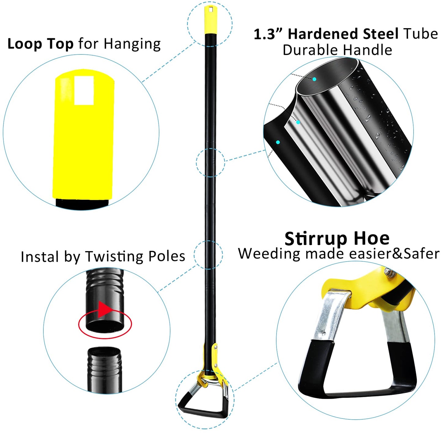 DonSail Hoe Garden Tool - Scuffle Garden Hoes for Weeding Gardening Long Handle Heavy Duty - Adjustable Weeding Loop Stirrup Hoe 30-70 Inch Black