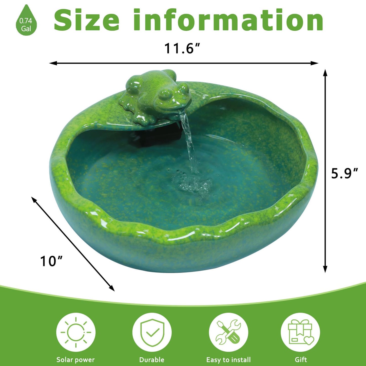 Ceramic Solar Water Fountain with Battery Backup, Solar Powered Water Fountain，Outdoor Water Feature Bird Bath for Garden, Patio & Yard Decor,Working at Night for at Least 6 Hours (Frog).