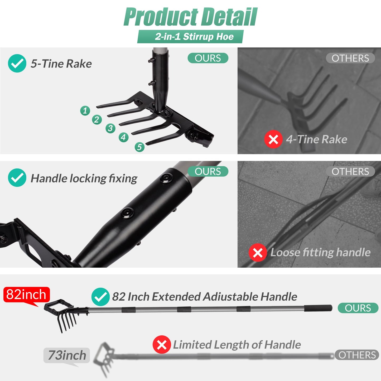 Suchtale 82 Inch Action Rake Hoe, 5-Tines Cultivator, Adjustable 37-82" Handle, Garden Weeding & Planting