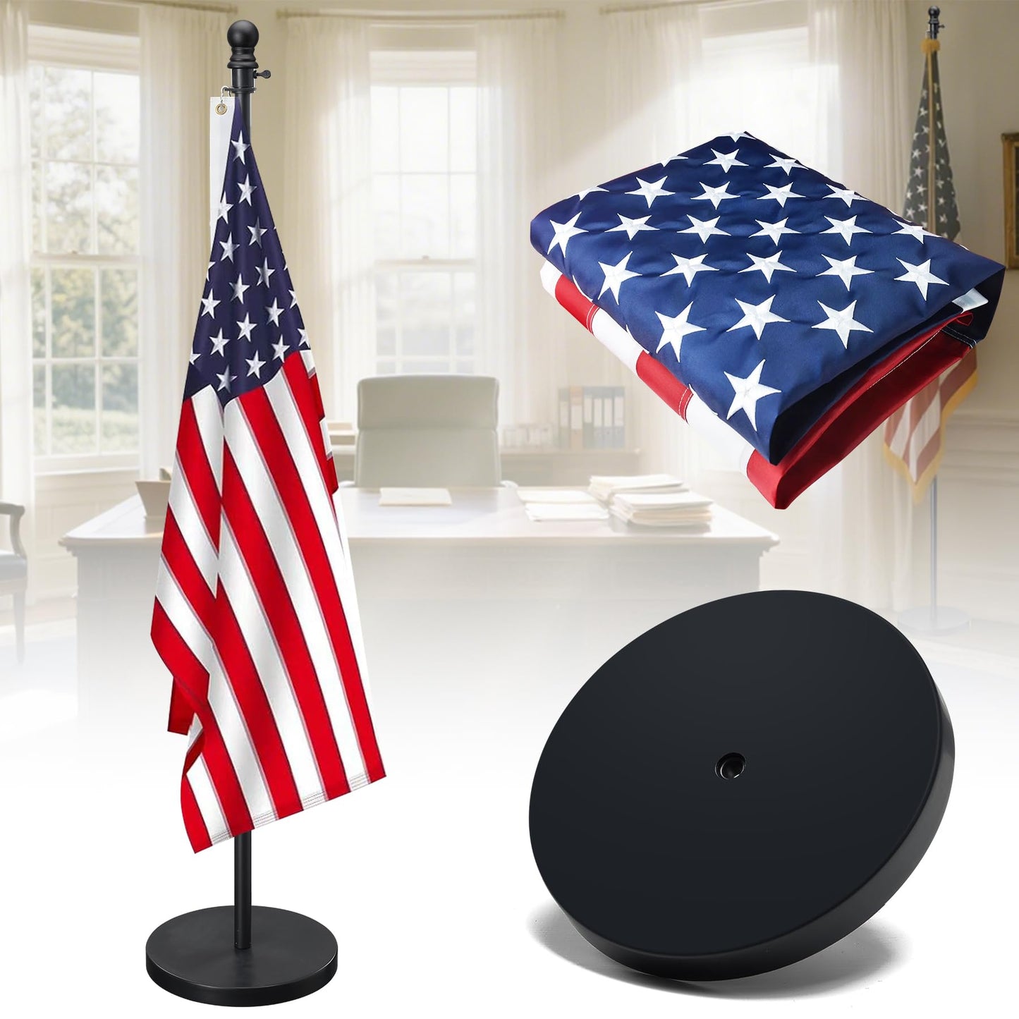 American Flag with Pole and Stand - Heavy Duty 1" Free Standing Indoor Flagpole Set with 3x5ft Embroidered US Flags,Weighted Base, 6-8 FT Adjustable Portable For Office, Church,School (Black)