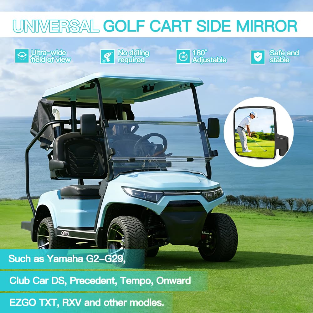 Cenulavo Golf Cart Mirrors, No Drilling Side Rear View Mirrors for Club Car EZGO Yamaha, Clamp On Foldable Wide Angle Anti-Vibration, Fits 0.75" 1" 1.25" Square Tube