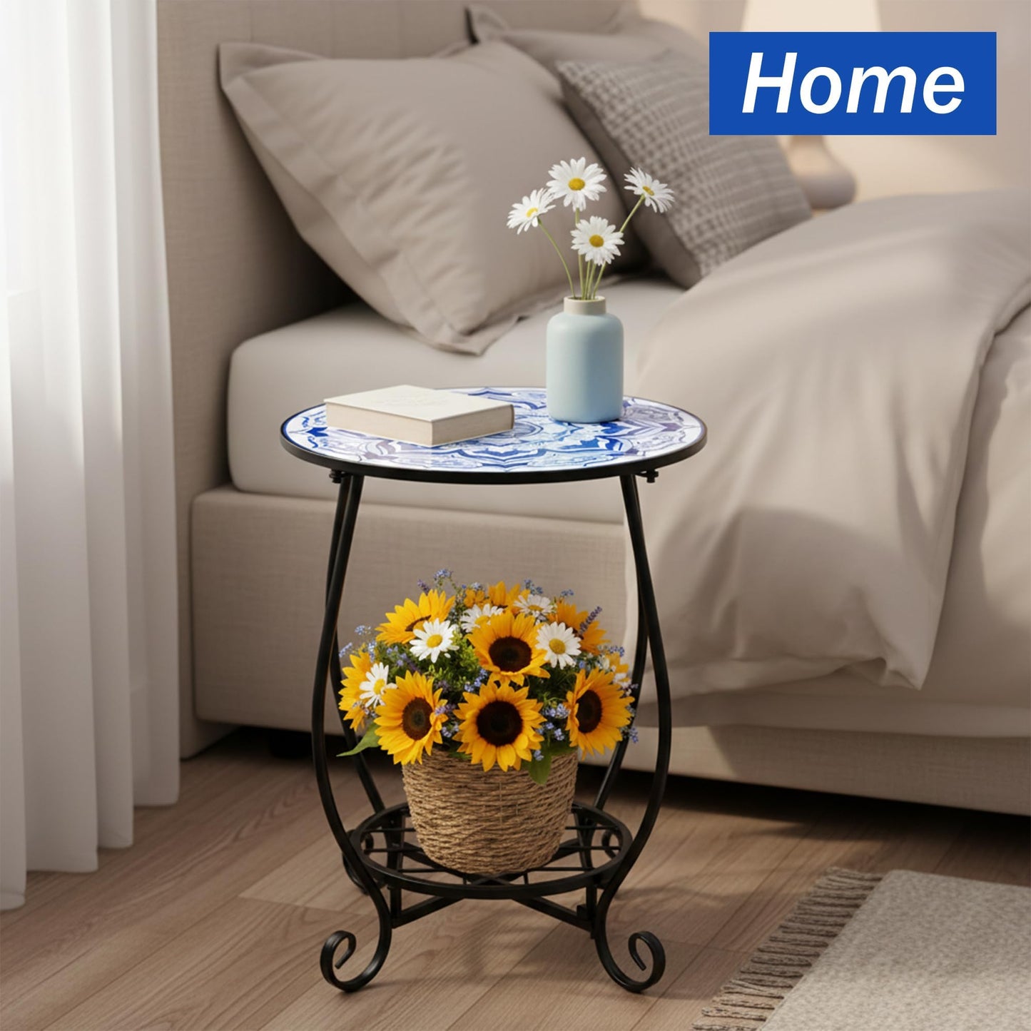 GudaAphrmix Mosaic Outdoor Side Table - Round Flower Patio Accent with Plant Stand, 14" Coffee Tea Metal Outside End Table for Yard Patio Porch Balcony Garden Indoor Living Room Bedroom Decor