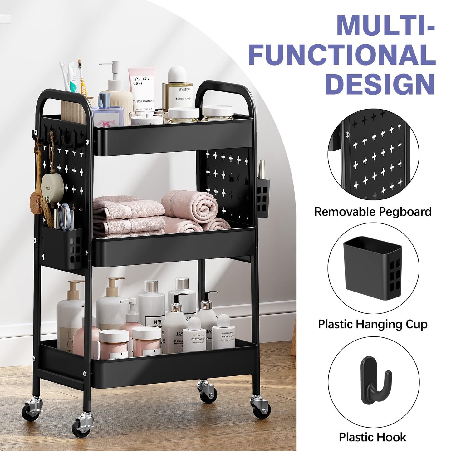KINGRACK 3 Tier Rolling Cart with DIY Pegboard, Metal Utility Cart with Wheels, Hooks & Baskets, Sturdy Storage Organizer for Craft, Bathroom, Kitchen, Office, Nursery, Classroom