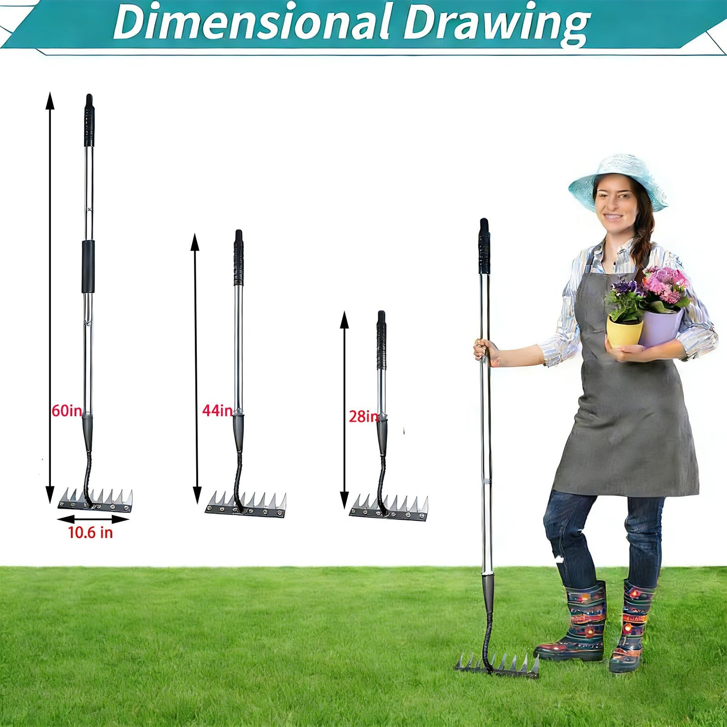 Upgraded Iron Weeding Tool with Adjustable Length Long Handle (28"-60") 3.0,Garden Weed Puller Tool ,8 Tines Manual Weeder Rake,Heavy Duty Weed Puller for Removing Weeds,Lawn, Flower Beds and Aeration