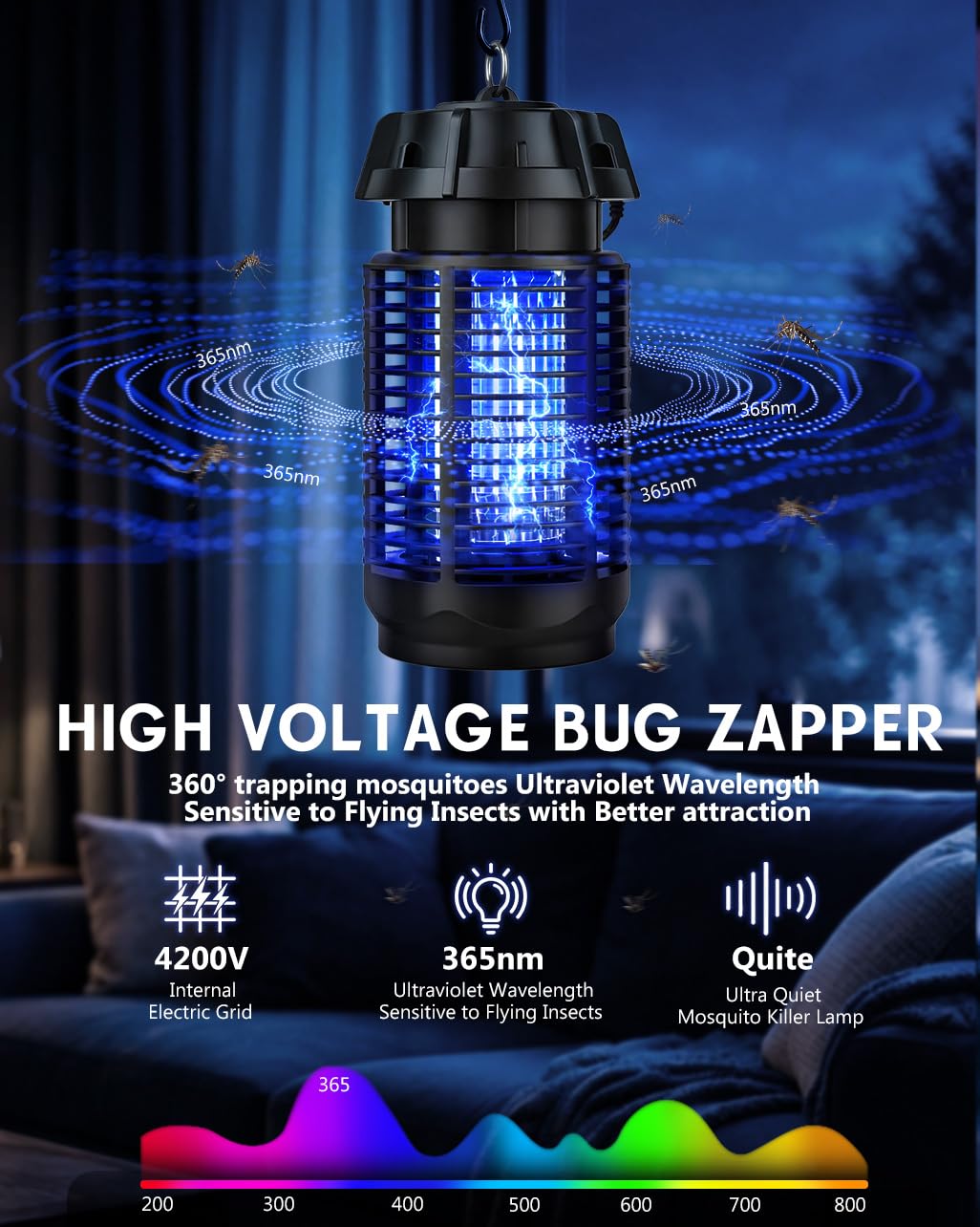 Bug Zapper Outdoor & Indoor 4200V Electric Mosquito Zapper - Waterproof Bug Repellent 365nm UV Light, 20W Fly Zapper for Home Patio Yard Camping, One-Button Easy Operation