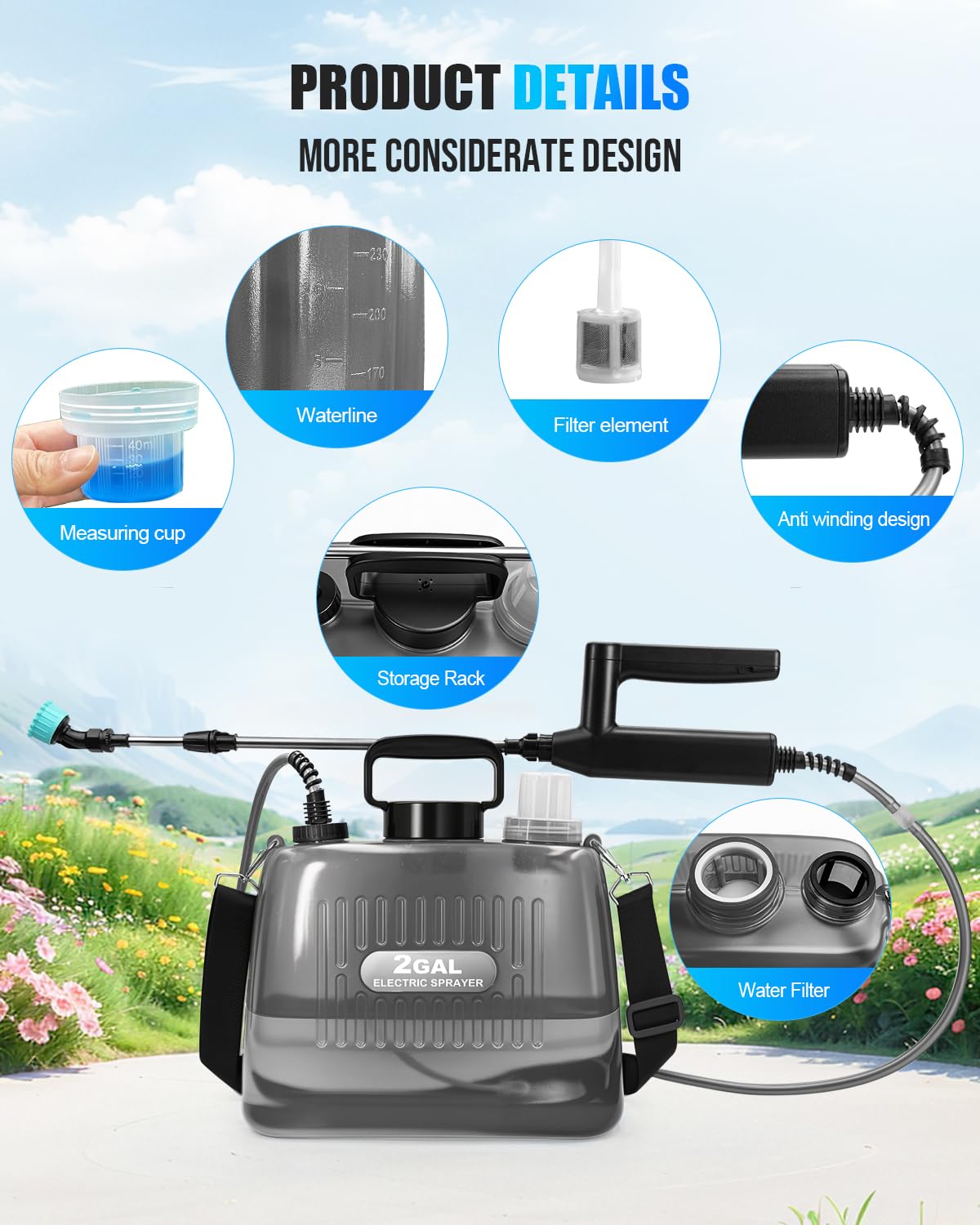 Sylsmart Battery Powered Sprayer 2 Gallon, Electric Weed Sprayer with 3 Adjustable Pressure Levels, 4 Nozzles & Extendable Wand, Rechargeable Garden Sprayer for Yard, Lawn, Plants & Fertilizer