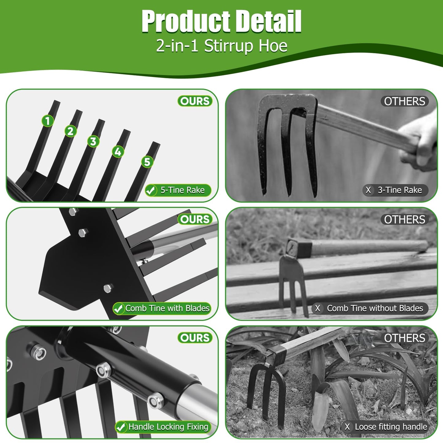 Poiyham 2-in-1 Hoe Garden Tools, 17-58" Weed Puller Tool with Long Handle, Heavy Duty Handle Garden Hoe and Weed Rake, Hoes for Gardening Yards Lawns Gardens Weeding