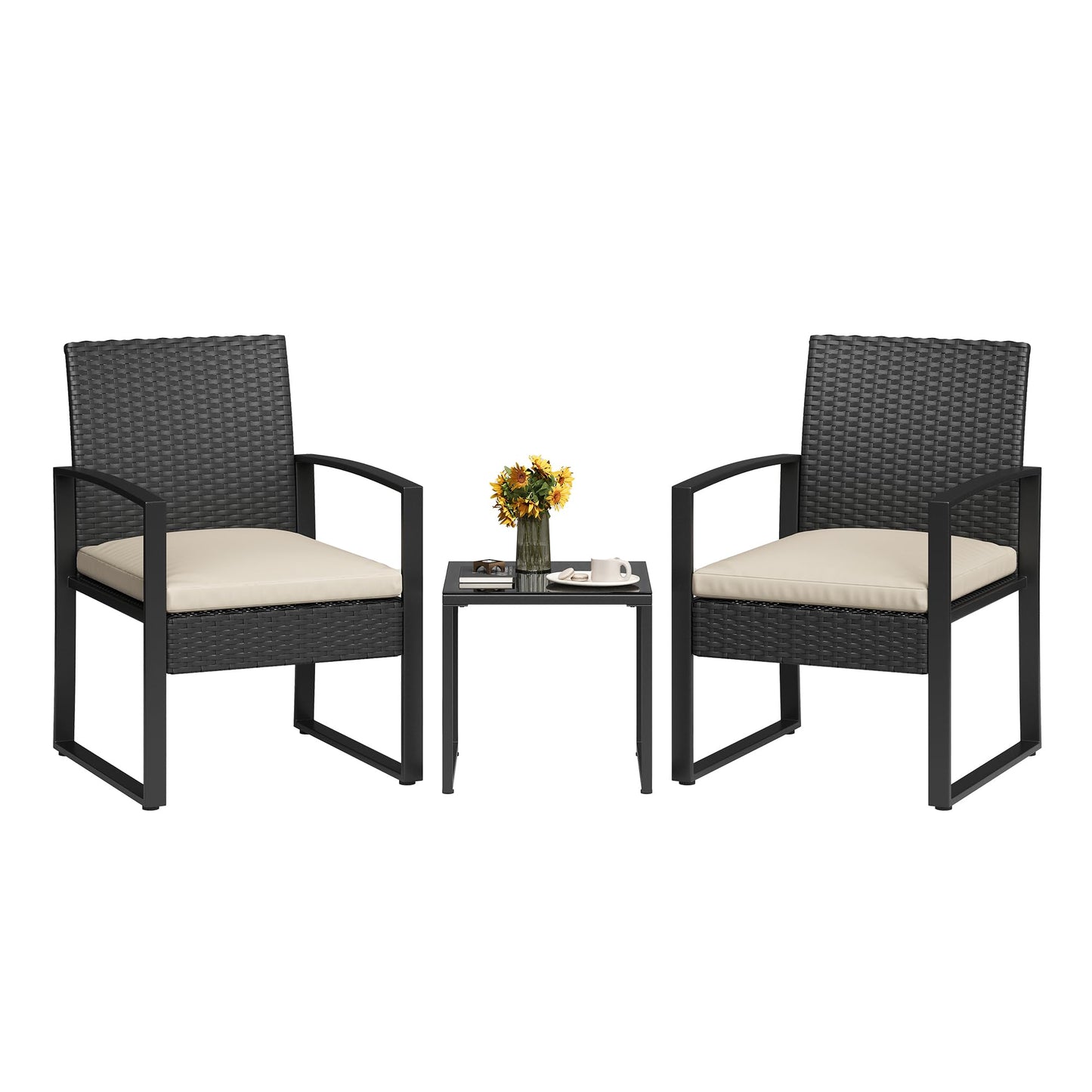 Garvee 3 Pieces Patio Bistro Set, PE Rattan Patio Conversation Set with Tempered Glass Coffee Table, Outdoor Wicker Furniture for Patio Garden Balcony Backyard, Black and Beige