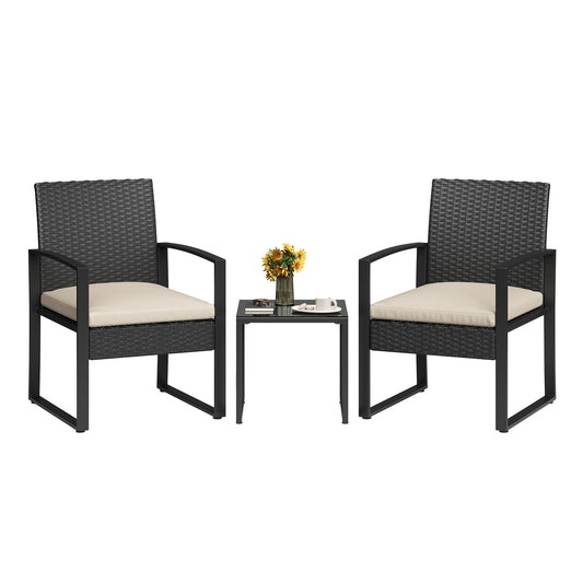 Garvee 3 Pieces Patio Bistro Set, PE Rattan Patio Conversation Set with Tempered Glass Coffee Table, Outdoor Wicker Furniture for Patio Garden Balcony Backyard, Black and Beige