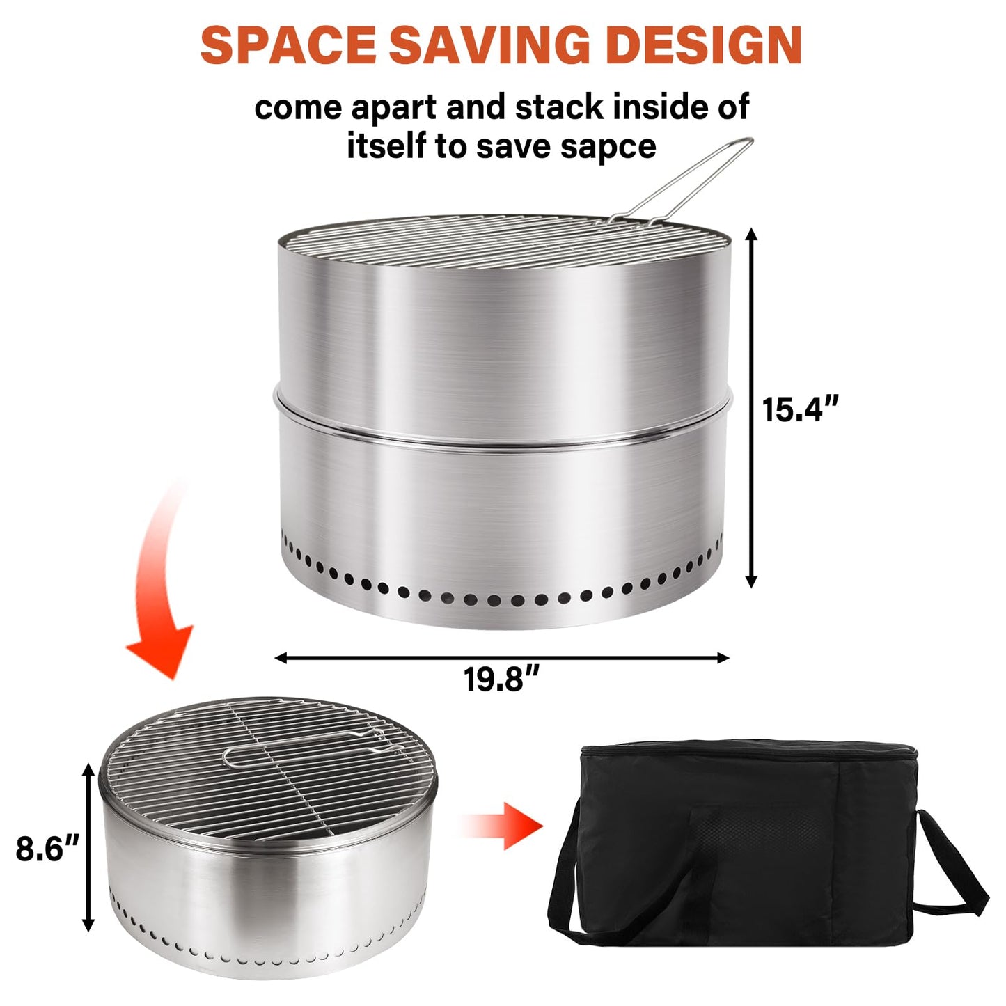 HGD 20 Inch Smokeless Firepit with Grill, Portable Wood Burning Fire Pit for Camping & Backyard, Stainless Steel Outdoor Fireplace with Travel Bag, Easy Setup & Compact Storage - Foldable Design