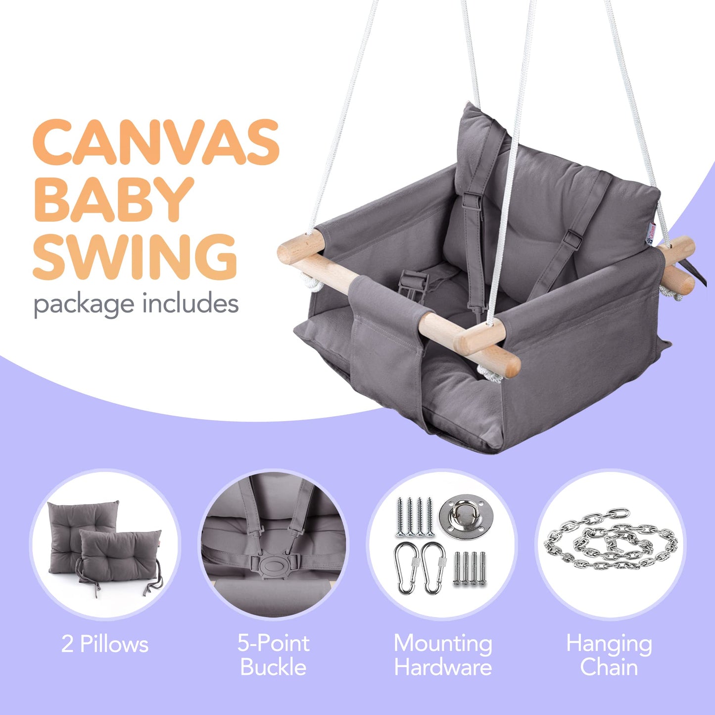 CaTeam Canvas Baby Swing Seat with 5-Point Safety Belt — Wooden Hanging Toddler Swing, Indoor & Outdoor, Ages 1-4, Ceiling Mount Hardware Included, Dark Gray
