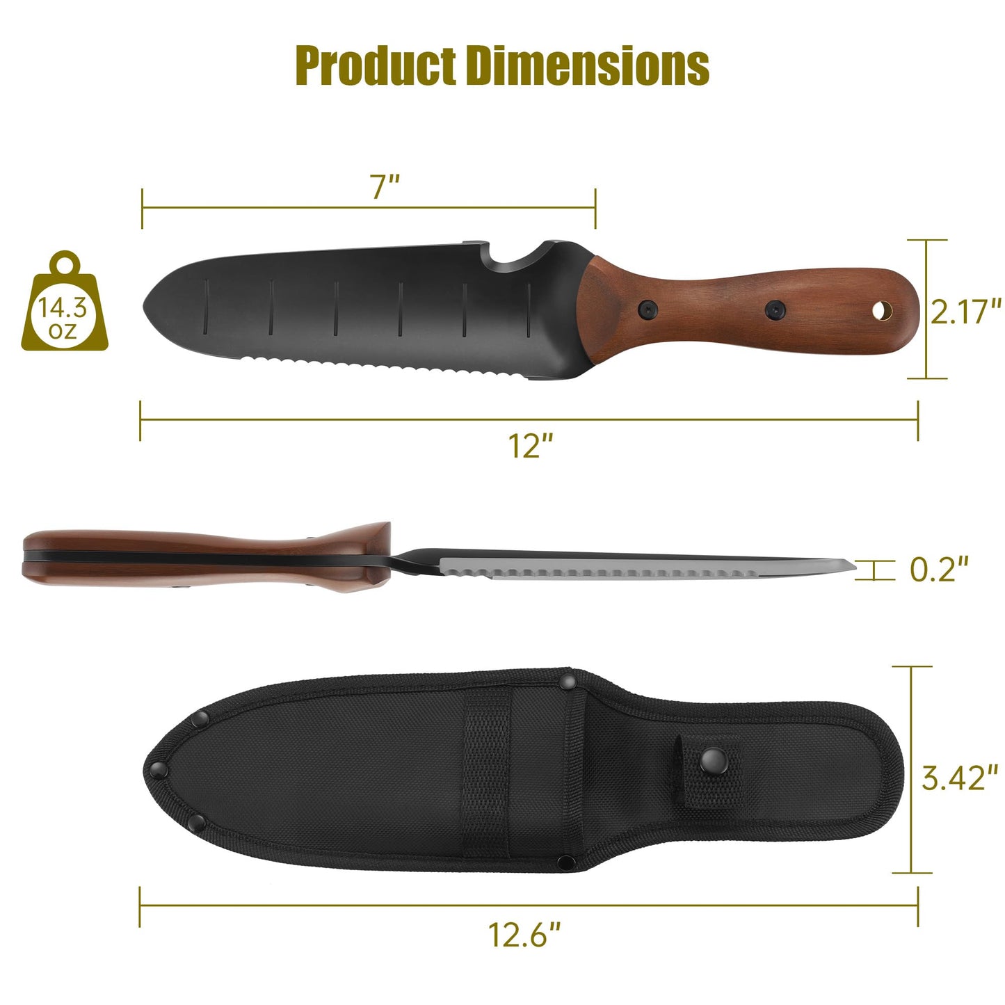 Troispot 12-Inch Garden Trowel with Full-Tang Wooden Handle & Black Stainless Steel Blade, Durable Tool for Digging, Weeding, Planting, Includes Knitted Storage Bag