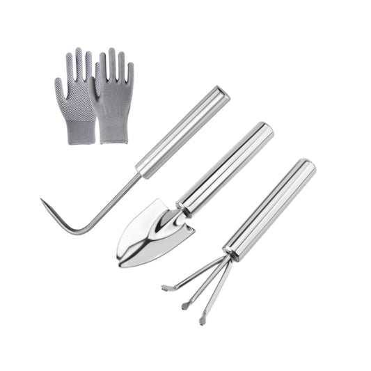 3-Piece Stainless Steel Garden Tools Set with Gloves- Shovel, Rake, Weeder for Indoor Outdoor Use, Ergonomic Handles for Succulents, Potted Plants & Seedlings