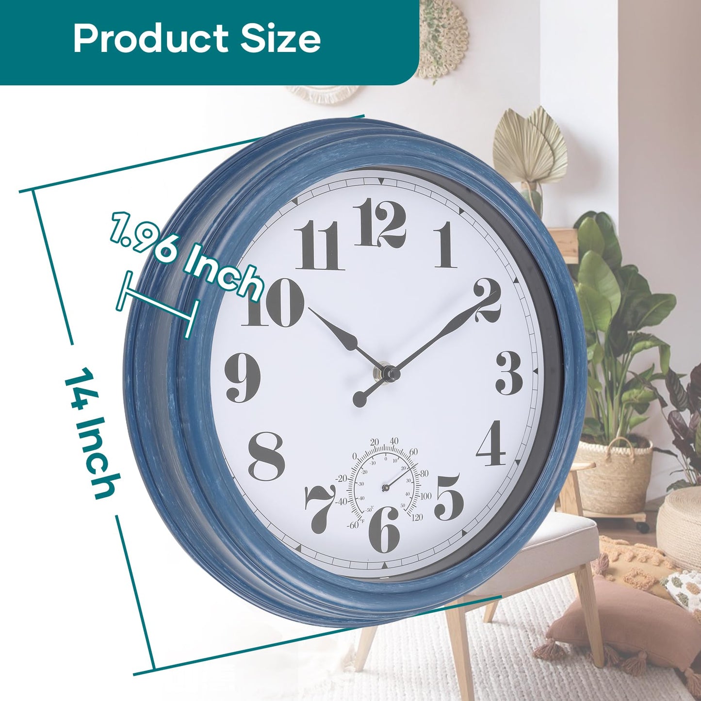 Aurowit Outdoor Clock Waterproof 14 Inch Outdoor Clocks with Thermometer Combo Wall Clock Battery Operated Non-Ticking Blue Clocks for Patio Pool