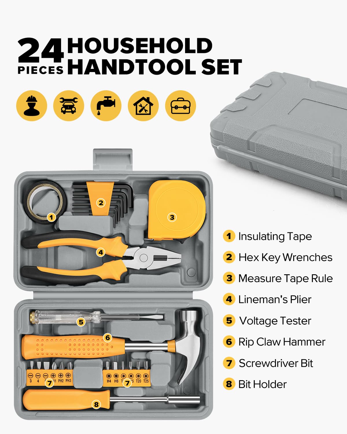 24pcs Home DIY Tool Kit for Household, Office & Garage - General Repair Small Hand Tool Set with Storage Case