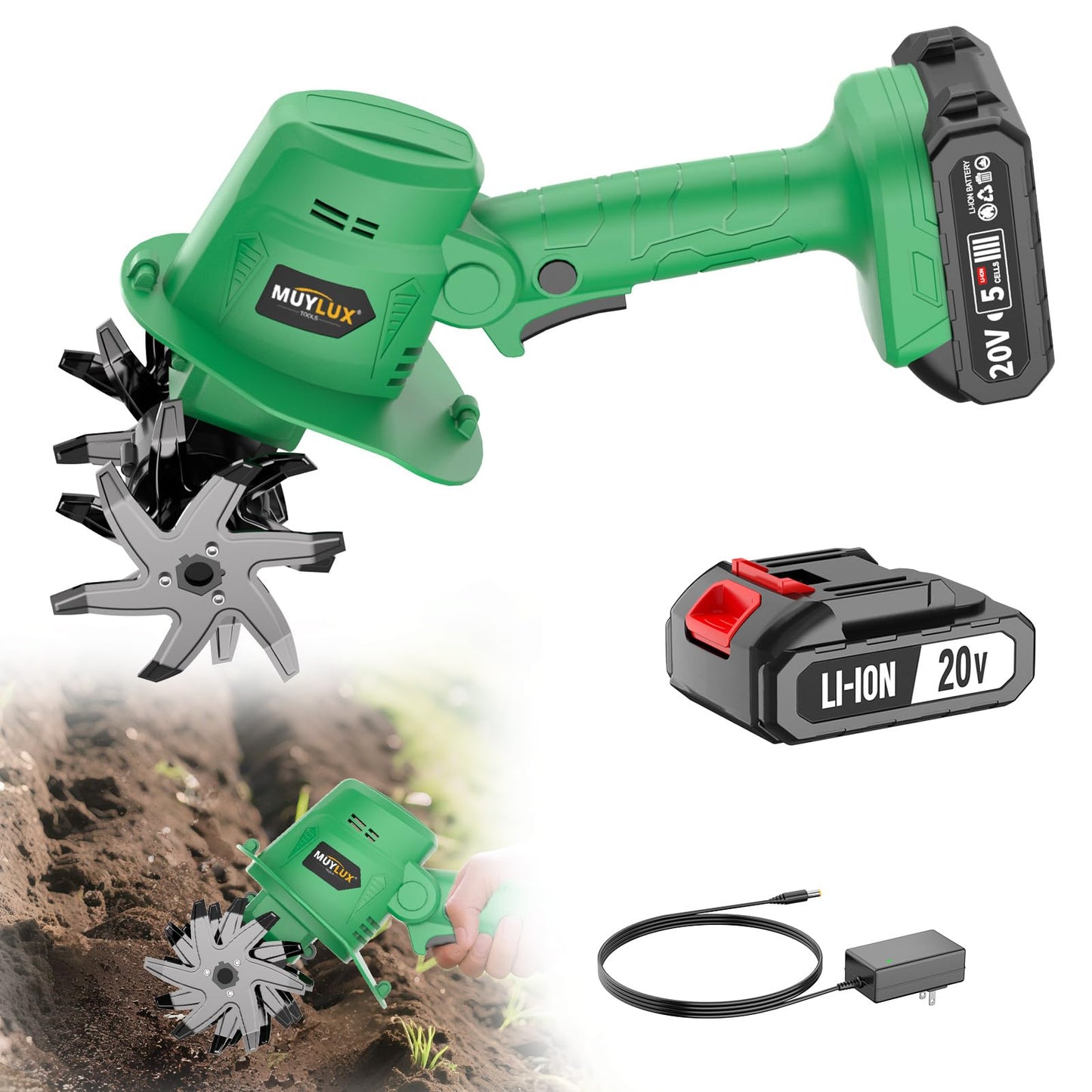 Muylux 20V Cordless Tiller Cultivator for Gardening, Electric Garden Tiller with Only 1 x 2.0Ah Battery & Charger, Garden Rototiller for Lawn Gardening Soil Cultivation