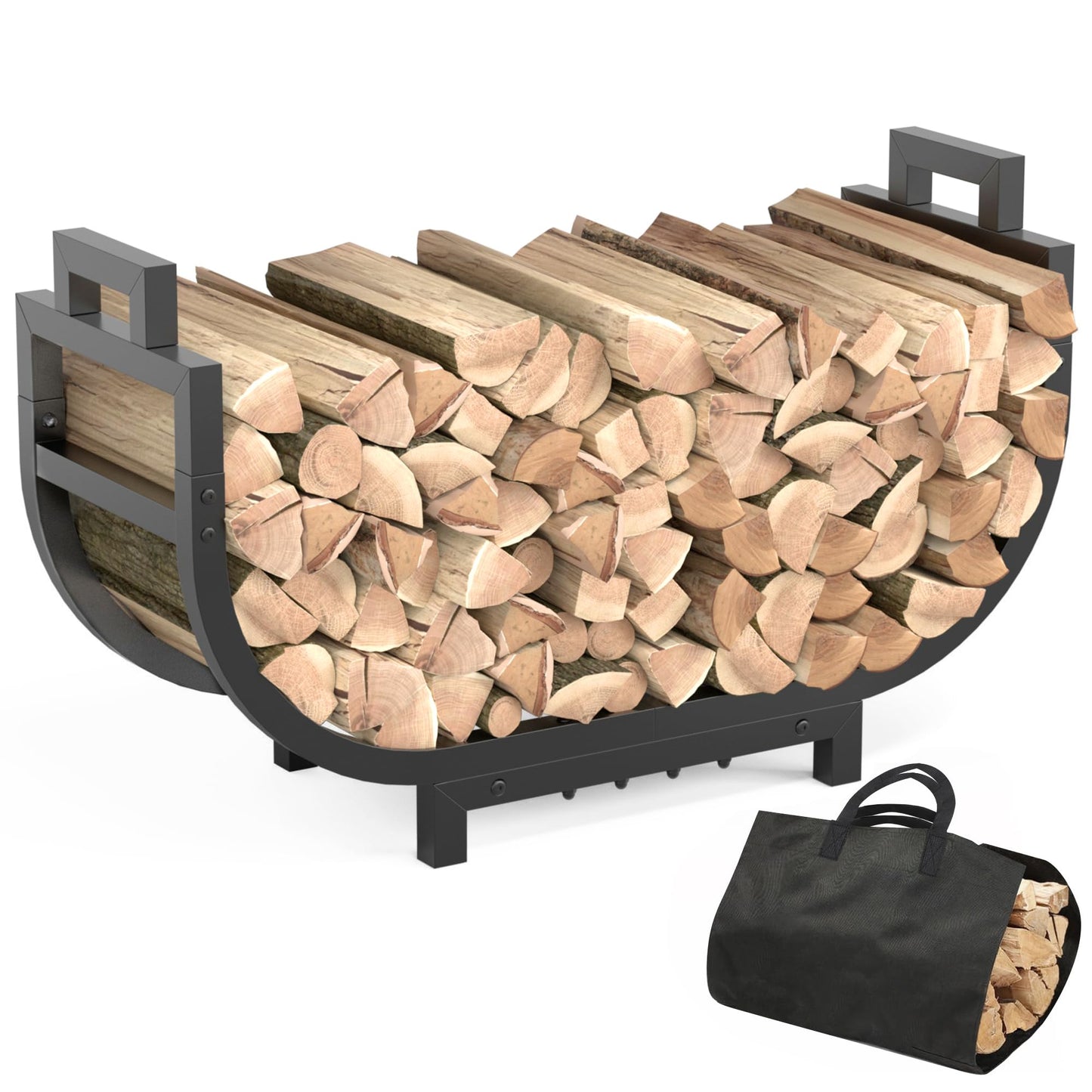 GAVISCITY 30 Inch Firewood Rack Outdoor Indoor with Handle and Log Carrier Bag, Stable Metal Wood Rack Heavy Duty Log Holder for Fireplace Patio Deck, Rustproof Firewood Storage Organizer Tool, Black