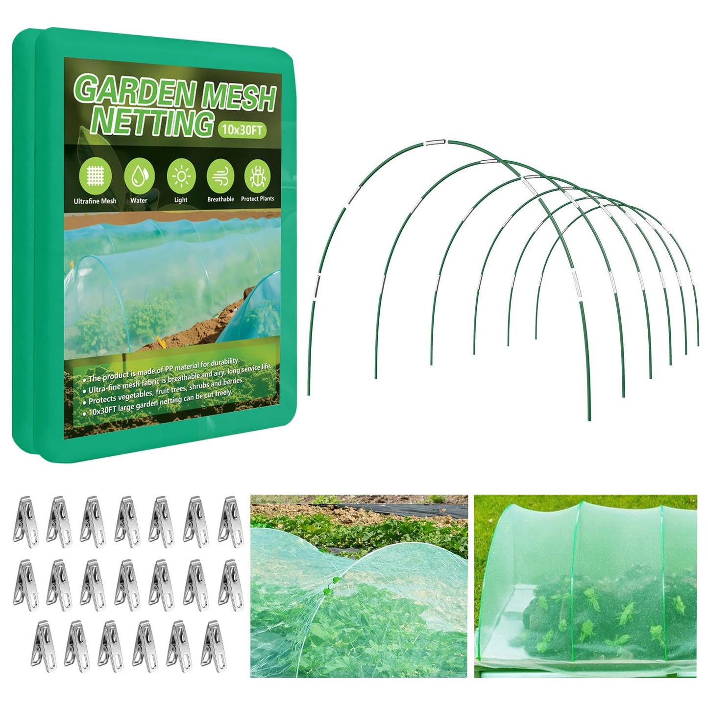 Garden Netting Kit for Raised Beds, 10x30FT Green Ultra Fine Mesh Netting ＆6 Sets of 8FT Garden Hoops, Insect Netting Row Cover Net Protect Plants Vegetable Fruits Flowers