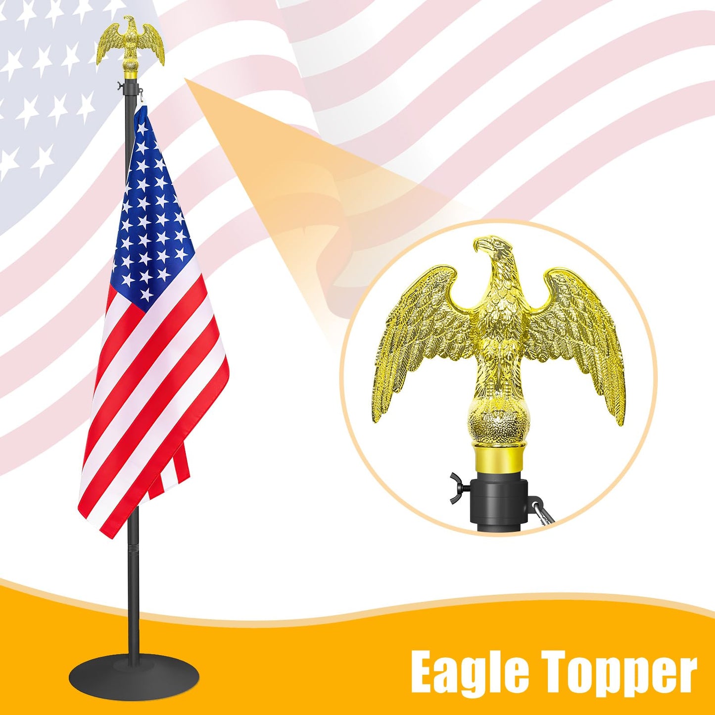 Wphold Indoor Flag Pole and Stand with 3x5 Ft American Flag & Golden Eagle Topper – 8FT Heavy Duty Flagpole Kit with Tangle-Free Rotatable Hooks & Stable Round Base for Office, Classroom, Home Decor